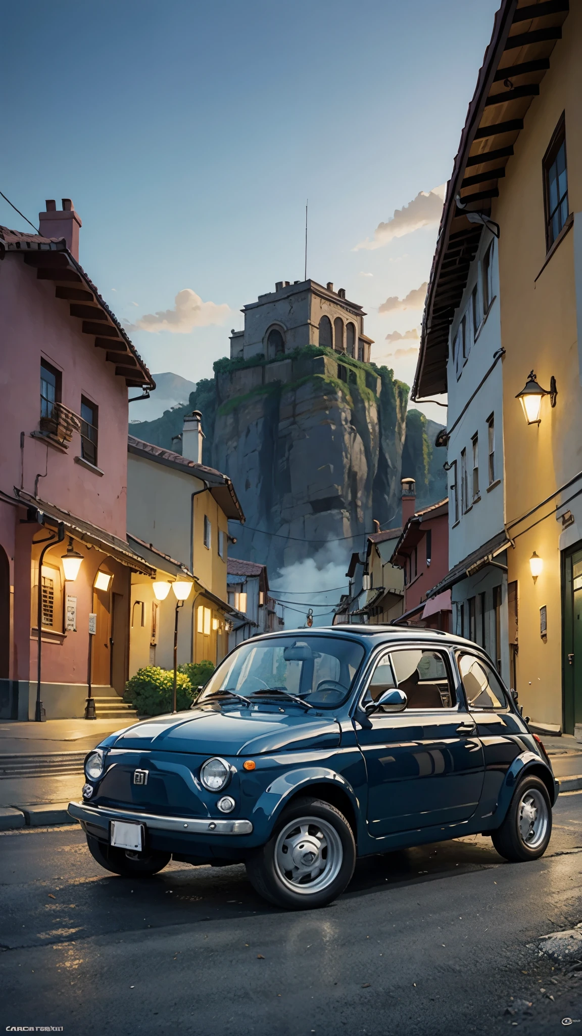 (chef-d&#39;œuvre:1.2, la plus haute qualité),(très détaillé),(((Style animé))),8k,fond d&#39;écran,Fiat 500,courir,nuit,Lumière,カーLumière,(((À la manière de Ghibli)))