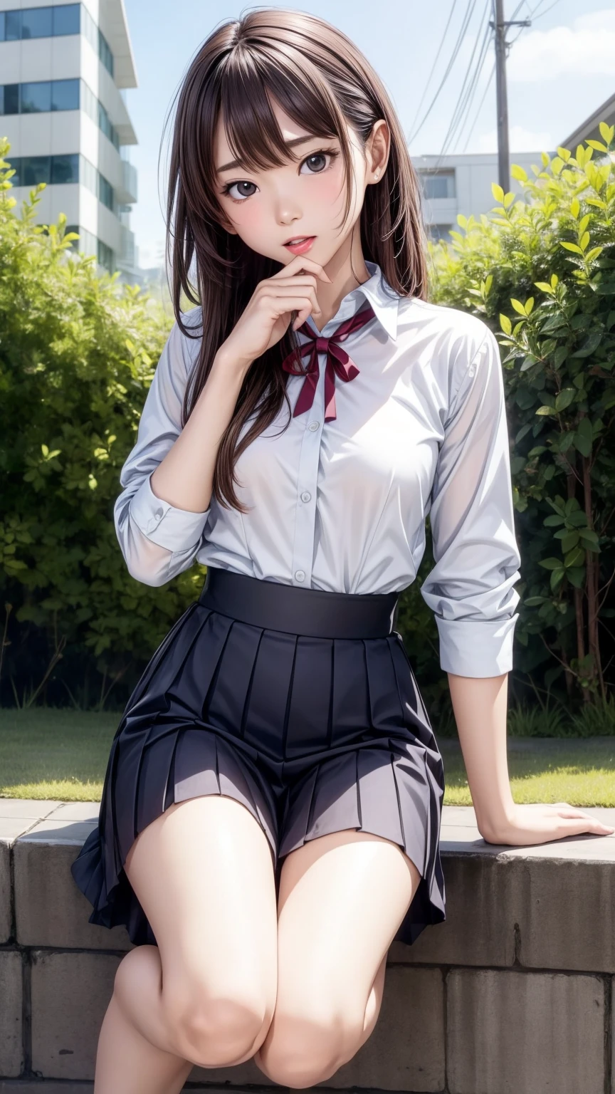 8K quality、High resolution、Realistic skin texture、High resolutionの瞳、A woman with a mature appearance、Japanese summer high school girls uniform、Princess Hair、thin、Realistic Female Genitalia、Small breasts、Realistic tongue、Small breastsの谷間、Brown Hair、thin脚、Sweating profusely、Sweat accumulates in the chest、Evening schoolyard、Bare feet、Full body photography、Wet clothes、Leak a lot