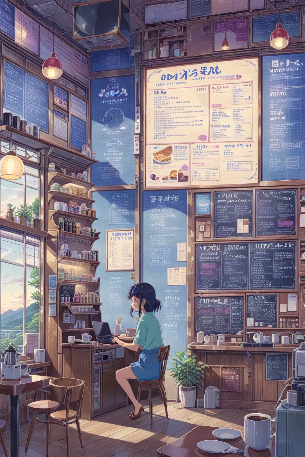 ON PARCHMENT,INK ILLUSTRATION, ((anime:1.4,illustration)),(masterpiece, top quality, best quality),(ultra-detailed, absolutely resolution),((16k, high res)), (((A detailed blueprint of the section of Lofi cafe, a fairytale-style cafe, detailed labeling text, grid lines,)) ((cozy lofi illustration:1.4)), ((anime:1.4, illustration)),(masterpiece, top quality, best quality),(ultra-detailed, absolutely resolution),((16k, high res)) BREAK {lofi art, style of Laurie Greasley, style of Makoto Shinkai, anime aesthetic},