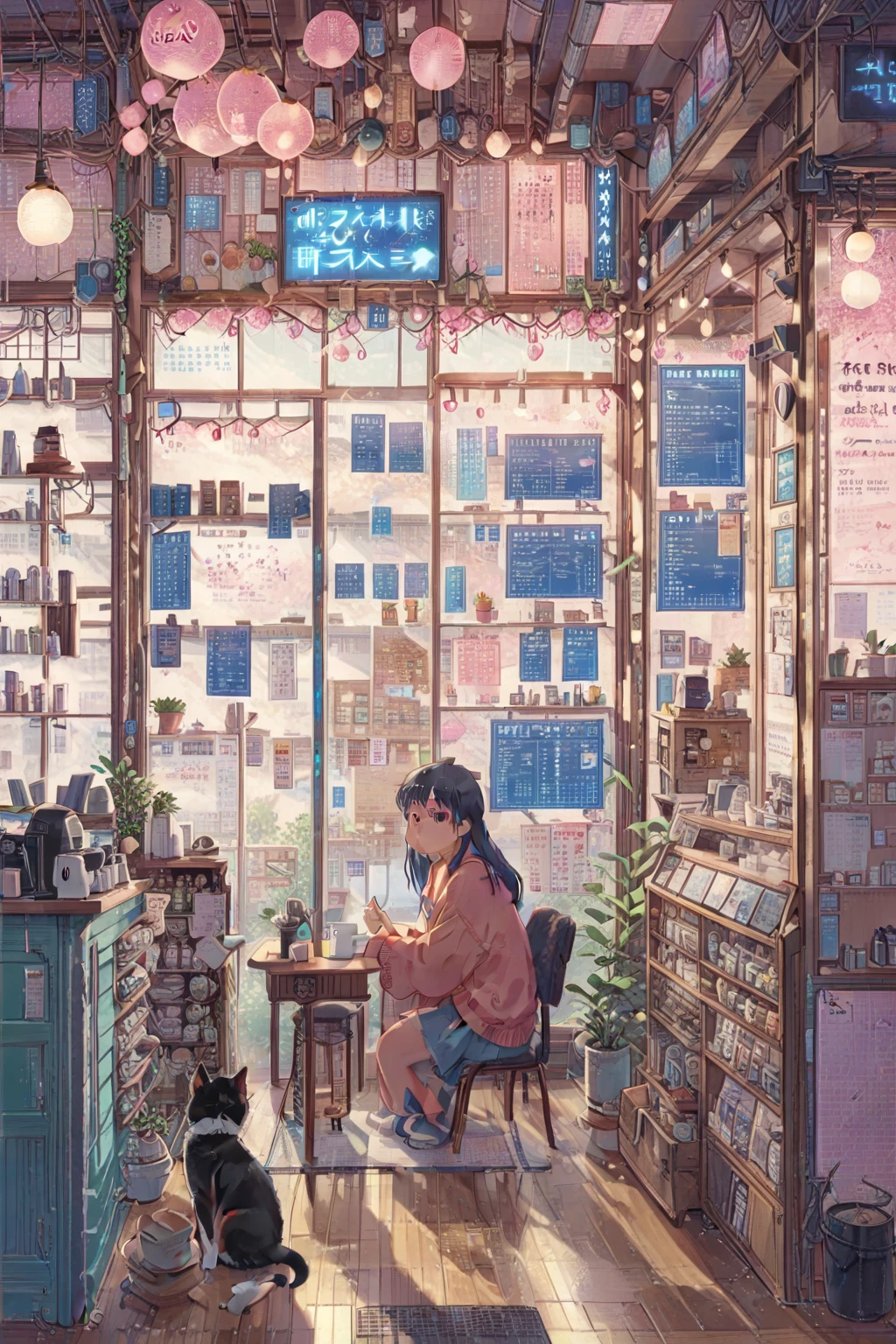 ON PARCHMENT,INK ILLUSTRATION, ((anime:1.4,illustration)),(masterpiece, top quality, best quality),(ultra-detailed, absolutely resolution),((16k, high res)), (((A detailed blueprint of the section of Lofi cafe, a fairytale-style cafe, detailed labeling text, grid lines,)) ((cozy lofi illustration:1.4)), ((anime:1.4, illustration)),(masterpiece, top quality, best quality),(ultra-detailed, absolutely resolution),((16k, high res)) BREAK {lofi art, style of Laurie Greasley, style of Makoto Shinkai, anime aesthetic},