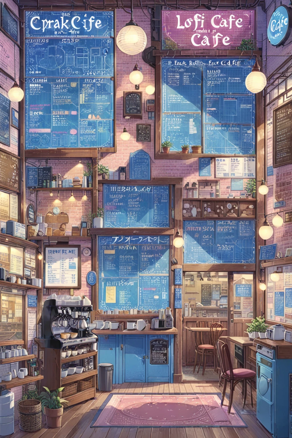 ON PARCHMENT,INK ILLUSTRATION, ((anime:1.4,illustration)),(masterpiece, top quality, best quality),(ultra-detailed, absolutely resolution),((16k, high res)), (((A detailed blueprint of the section of Lofi cafe, a fairytale-style cafe, detailed labeling text, grid lines,)) ((cozy lofi illustration:1.4)), ((anime:1.4, illustration)),(masterpiece, top quality, best quality),(ultra-detailed, absolutely resolution),((16k, high res)) BREAK {lofi art, style of Laurie Greasley, style of Makoto Shinkai, anime aesthetic},