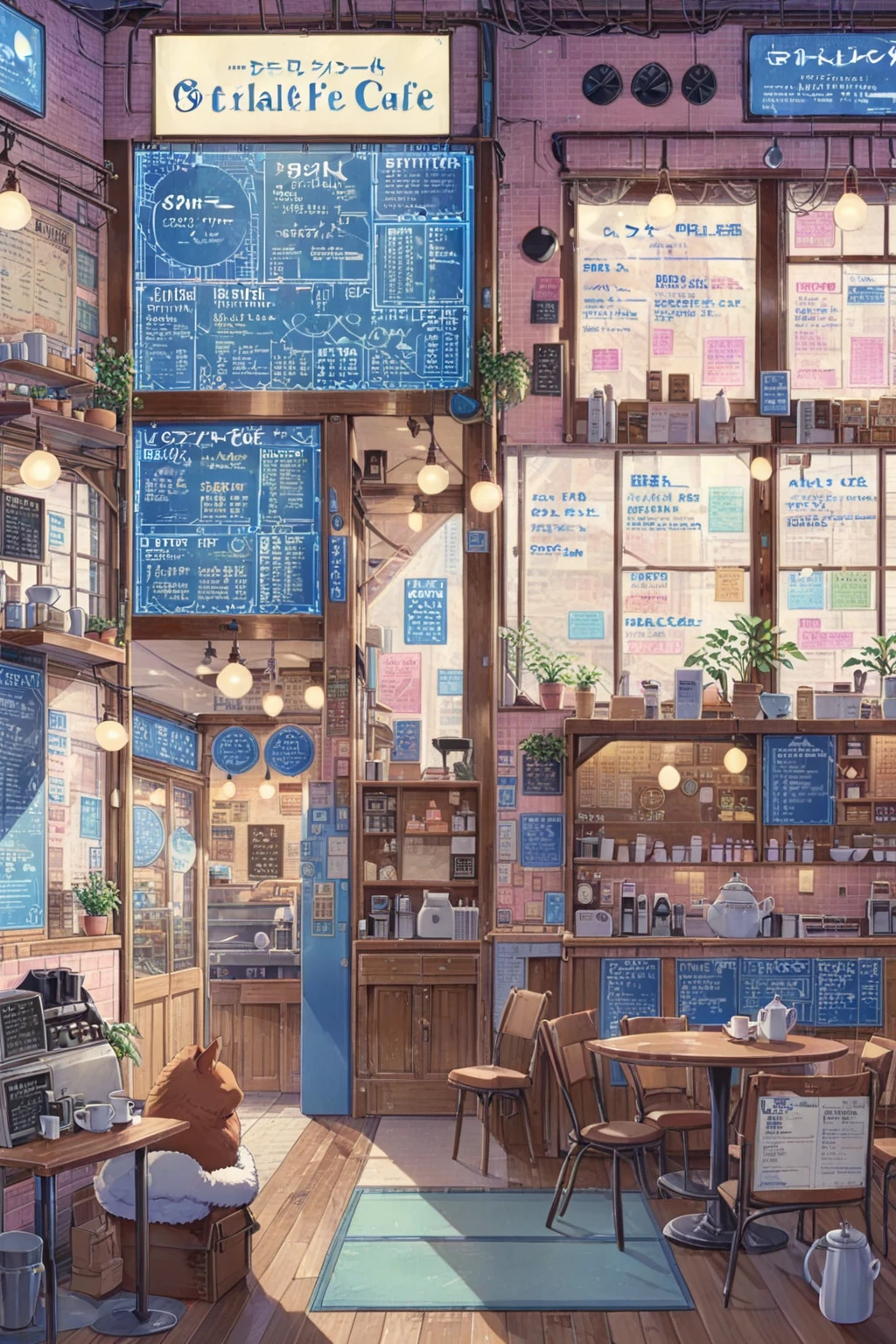 ON PARCHMENT,INK ILLUSTRATION, ((anime:1.4,illustration)),(masterpiece, top quality, best quality),(ultra-detailed, absolutely resolution),((16k, high res)), (((A detailed blueprint of the section of Lofi cafe, a fairytale-style cafe, detailed labeling text, grid lines,)) ((cozy lofi illustration:1.4)), ((anime:1.4, illustration)),(masterpiece, top quality, best quality),(ultra-detailed, absolutely resolution),((16k, high res)) BREAK {lofi art, style of Laurie Greasley, style of Makoto Shinkai, anime aesthetic},