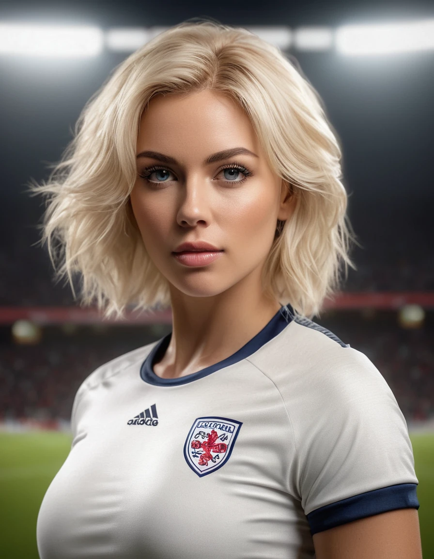 beautiful blonde woman wearing a tight England football shirt, intricate detailed face, beautiful detailed eyes, beautiful detailed lips, long eyelashes, muscular athletic figure, dynamic action pose, (best quality,4k,8k,highres,masterpiece:1.2),ultra-detailed,(realistic,photorealistic,photo-realistic:1.37),HDR,UHD,studio lighting,ultra-fine painting,sharp focus,physically-based rendering,extreme detail description,professional,vivid colors,bokeh,sports,football,portrait, (messy bob hairstyle, white blond hair color), messy hairstyle, messy bob, messy hairstyle, white blond, 5 foot 3 inches tall, 110 pounds in weight, 34G breasts, large firm round breasts, very large breasts, cleavage, photorealistic, 4K, 8K, UHD