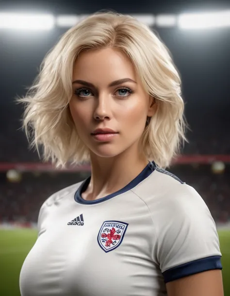 beautiful blonde woman wearing a tight England football shirt, intricate detailed face, beautiful detailed eyes, beautiful detai...
