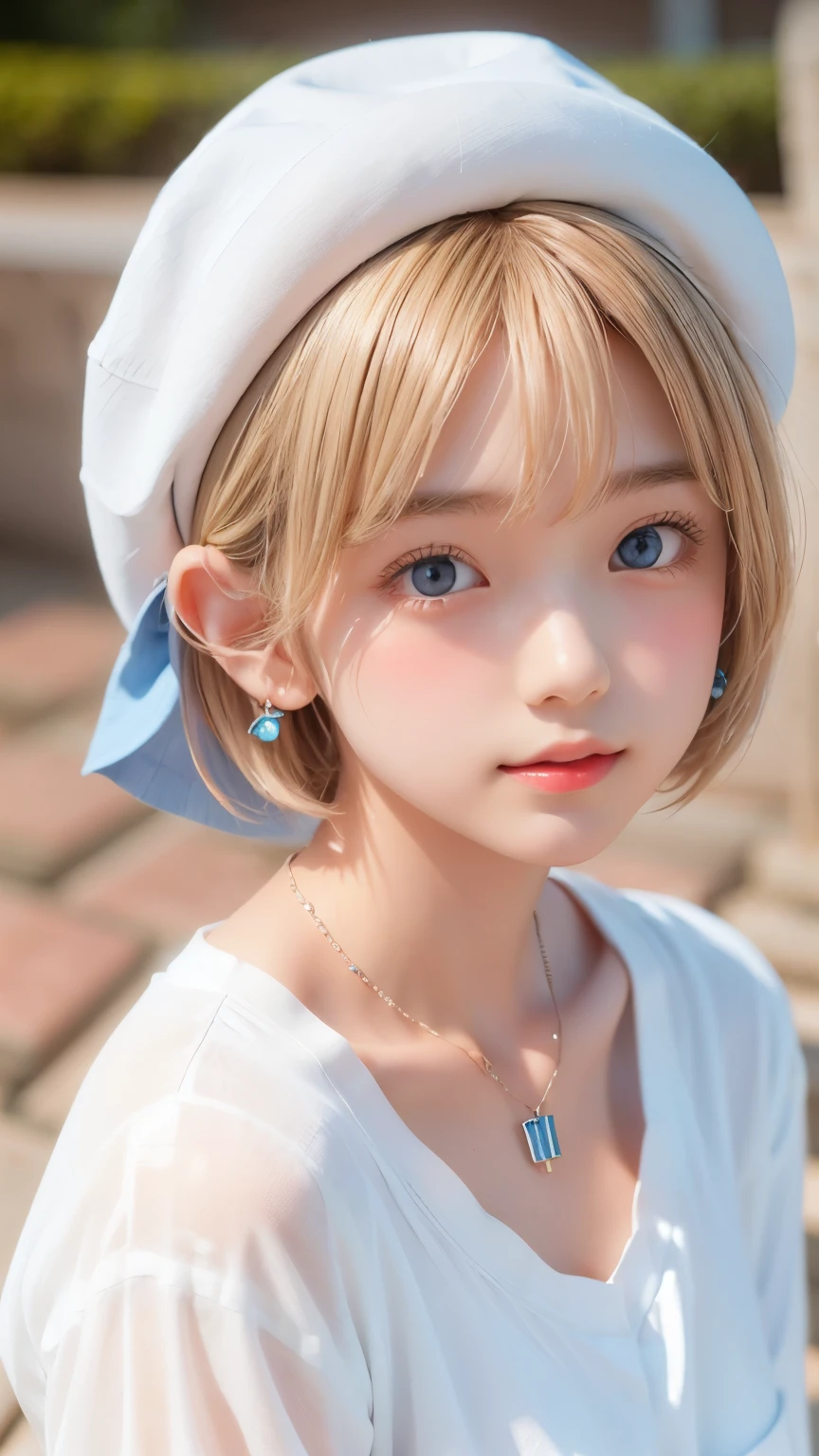 Portrait of a blonde girl in a white hat and a blue shirt , earrings, necklace , extra short hair, sidelocks-hair