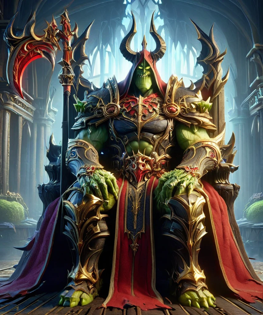 best quality,masterpiece,A very powerful demon king,hulking abomination,3d,art by pixar,cartoon,crown,Sitting on the throne,Red gold crown