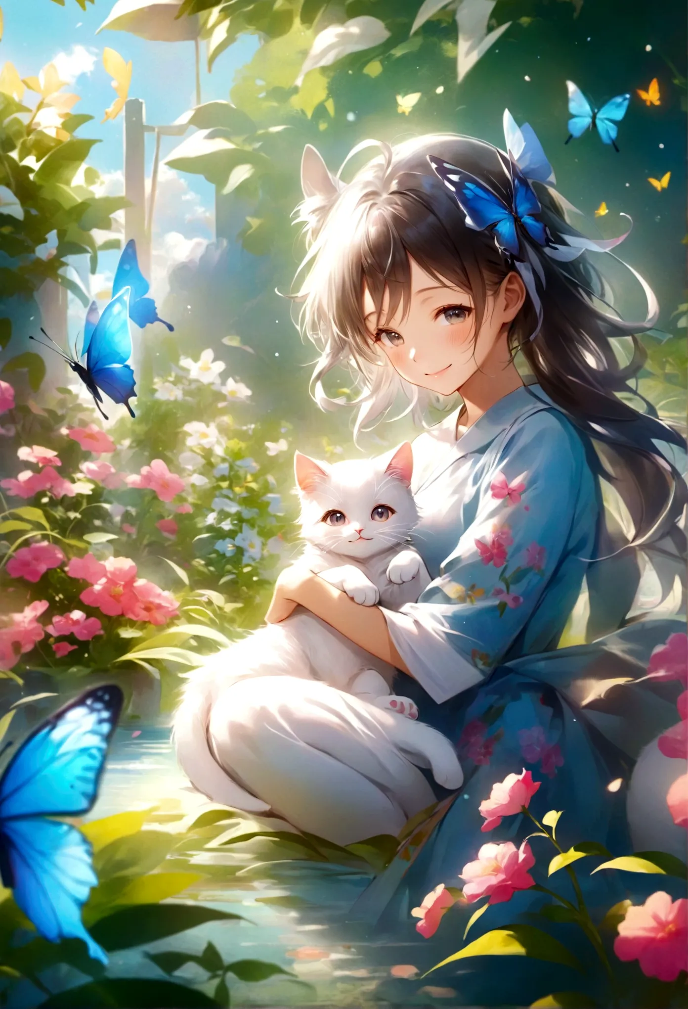 （highest quality）smiling anime girl with cat and butterfly in the garden、smile、cute detailed digital art、very beautiful anime ca...