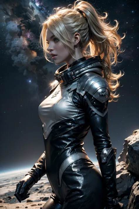 Horny sexy Blonde woman space ranger, full body shot head to toe, exploring a dry rocky almost barren ice planet, running 3/4 pr...