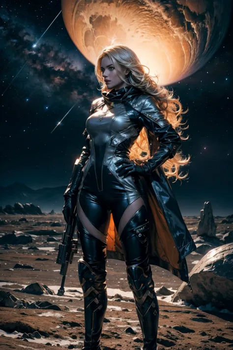 Horny sexy Blonde woman space ranger, full body shot head to toe, exploring a dry rocky almost barren ice planet, running 3/4 pr...