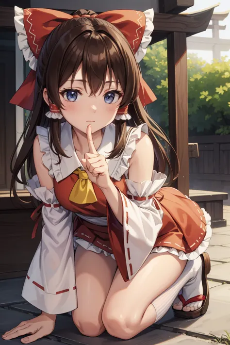 reimu hakurei, (Brown eyes:1.5), Brown Hair, bow, hair bow, Hair Tube, Long Hair, red bow, Side Lock,
Blake Ascot, Bare shoulder...