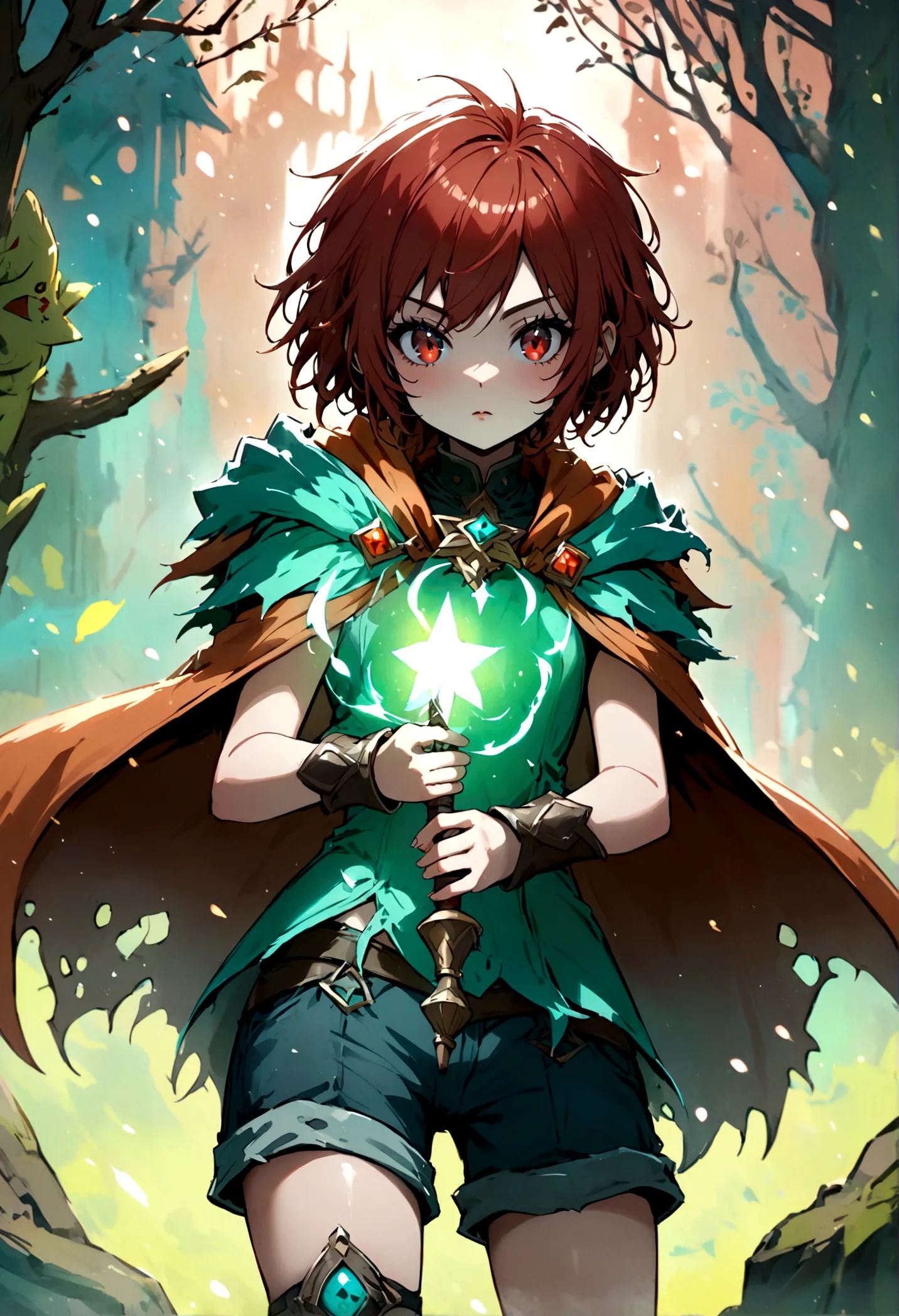 girl, red eyes, short hair like boy, tomboi but cute and beatiful, witch, holding a long magic wand, wearing shorts, healing mag...