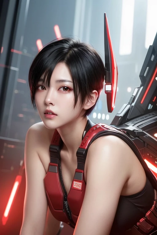 Digital Cyberpunk Art、８k、Very detailed、Black short-cut hair、Wearing a white and red battle suit、Inside a weightless spaceship、Hold your knees、Floating、Japanese women、Hyperrealistic Painting