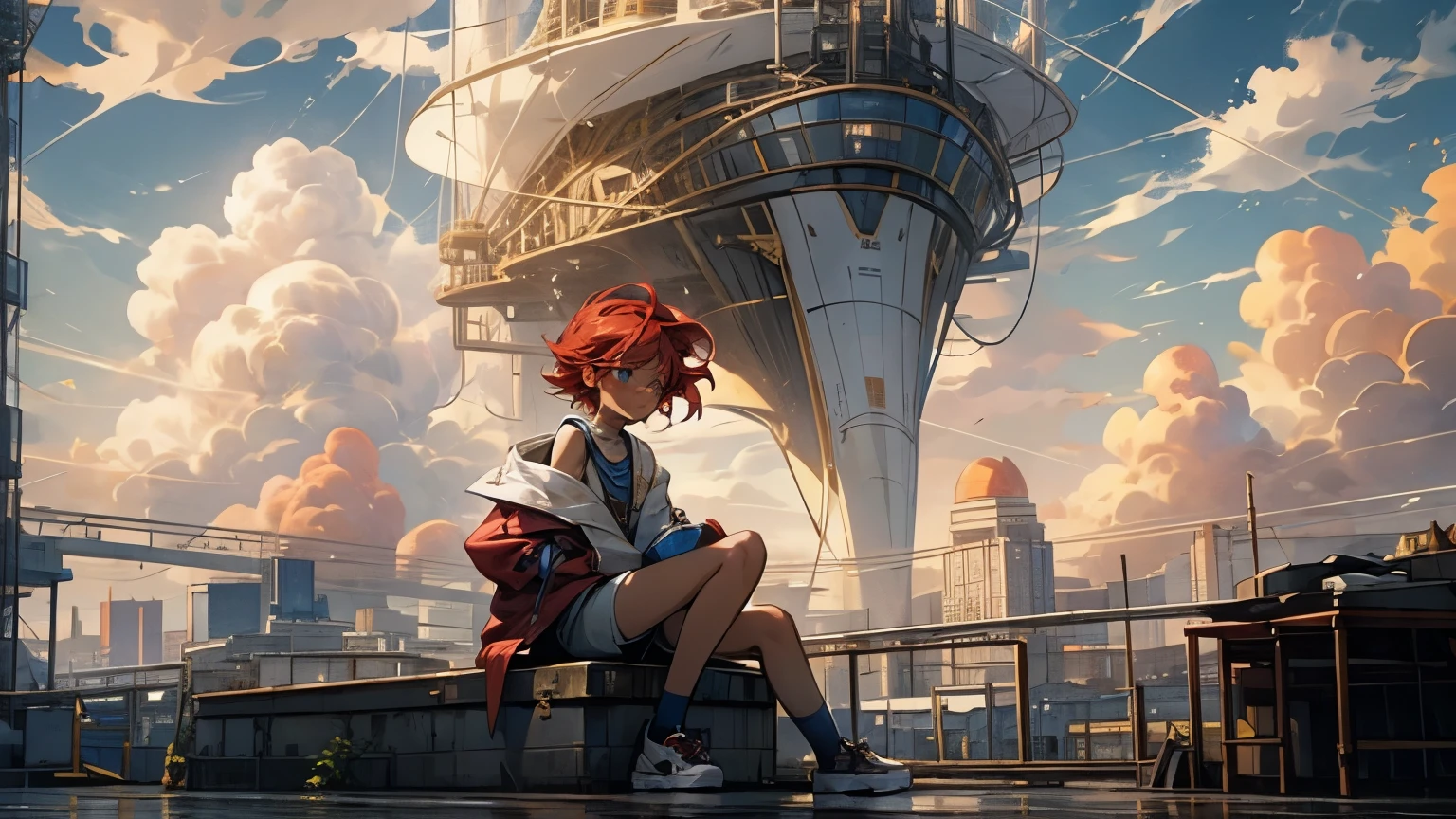 girl１people,Futuristic buildings,A golden airship flying in the sky,Blue sky,Flowing Clouds,sit,Looking up at the sky in the distance,Short Hair,Shortcuts,Red hair color,Blue Eyes,11 years old,boyish,Asian people,smile,Primary school students,Sunburned skin,Being thin,freckles,White shorts,White tank top,Red jacket,Low position、