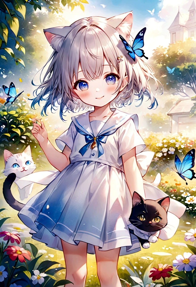 （Highest quality）（Watercolor）Smiling anime girl with cat and butterfly in the garden、Smiling eyes、Cute detailed digital art、Very beautiful anime cat girl、Anime style 4k、Soft anime illustration、guweiz style artwork、beautiful anime catgirl、anime art wallpaper 4k、anime art wallpaper 4k、Cute digital art、Anime fantasy illustration、Anime Art Wallpapers 8K
