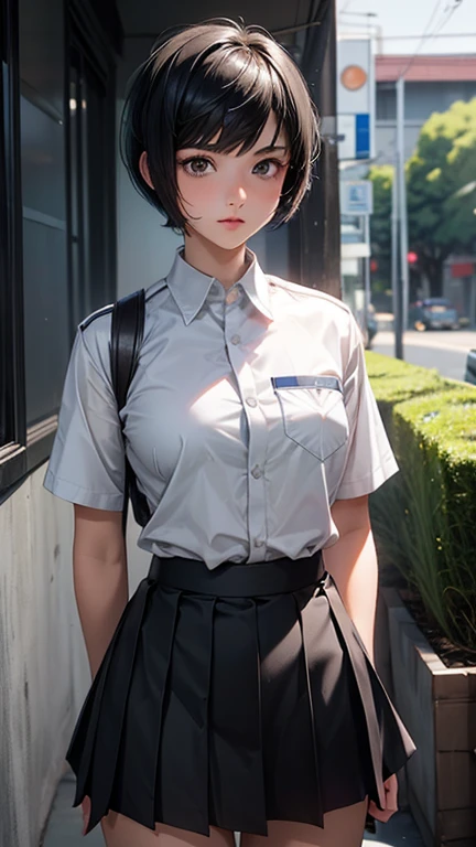 1 woman, 16 years old, ((buzz pixie haircut)), black eyes, Indonesian high-school uniform, white shirt, osis logo on shirt pocket, medium breasts, grey pleated skirt, half-shot, innocent look