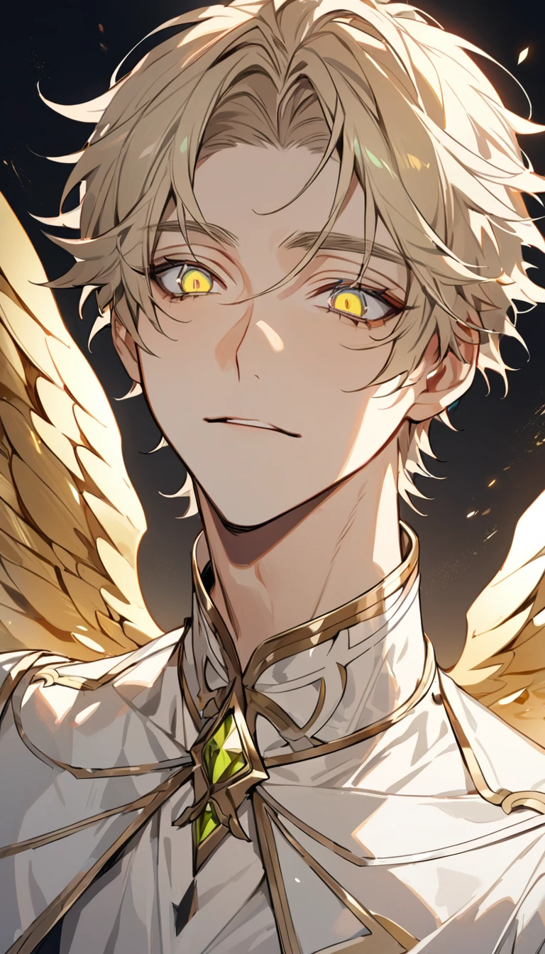 (high-quality, breathtaking),(expressive eyes, perfect face) archangel joel, male, golden wings, pale light yellow eye color