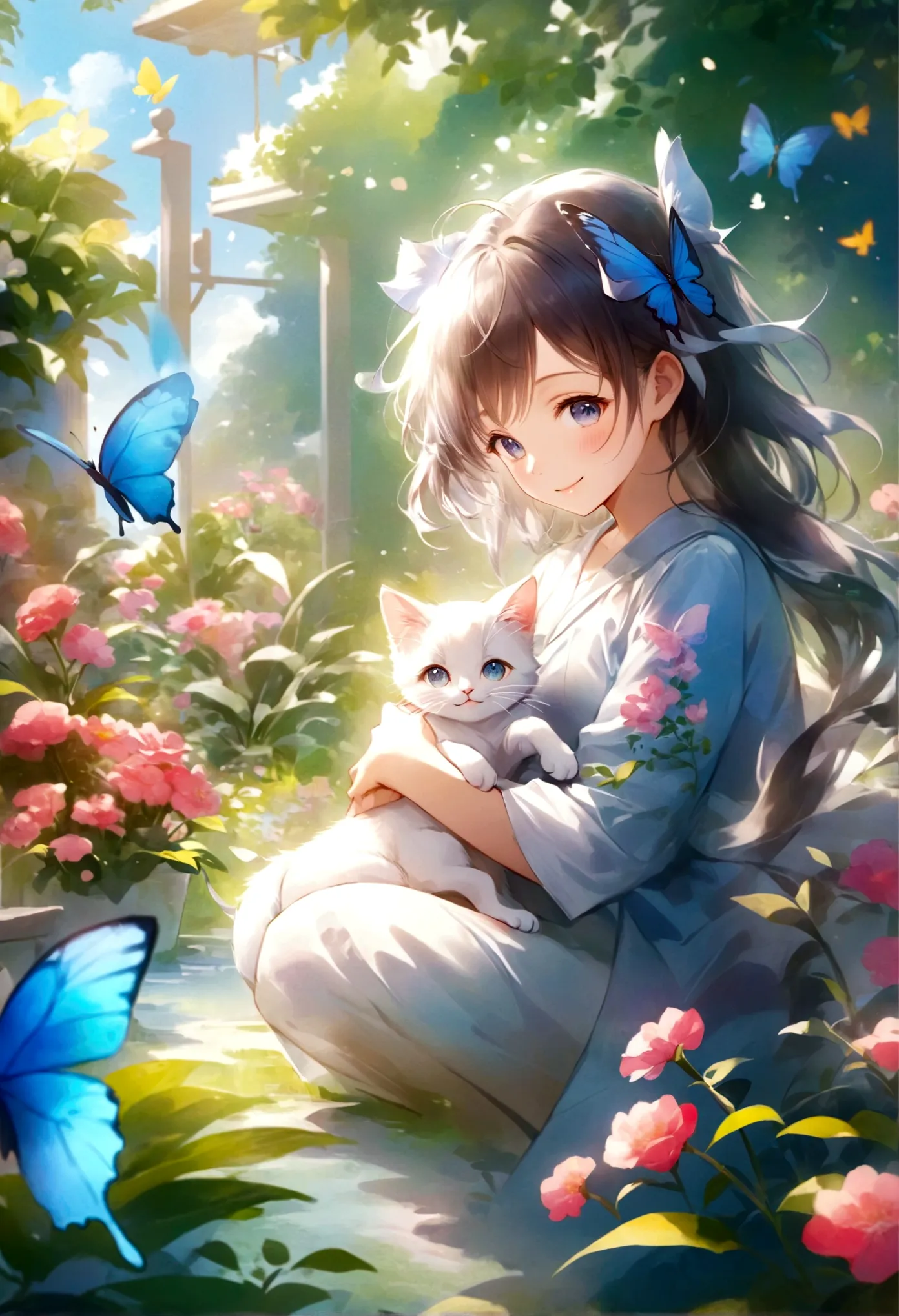 （highest quality）（watercolor）smiling anime girl with cat and butterfly in the garden、smiling eyes、cute detailed digital art、very...