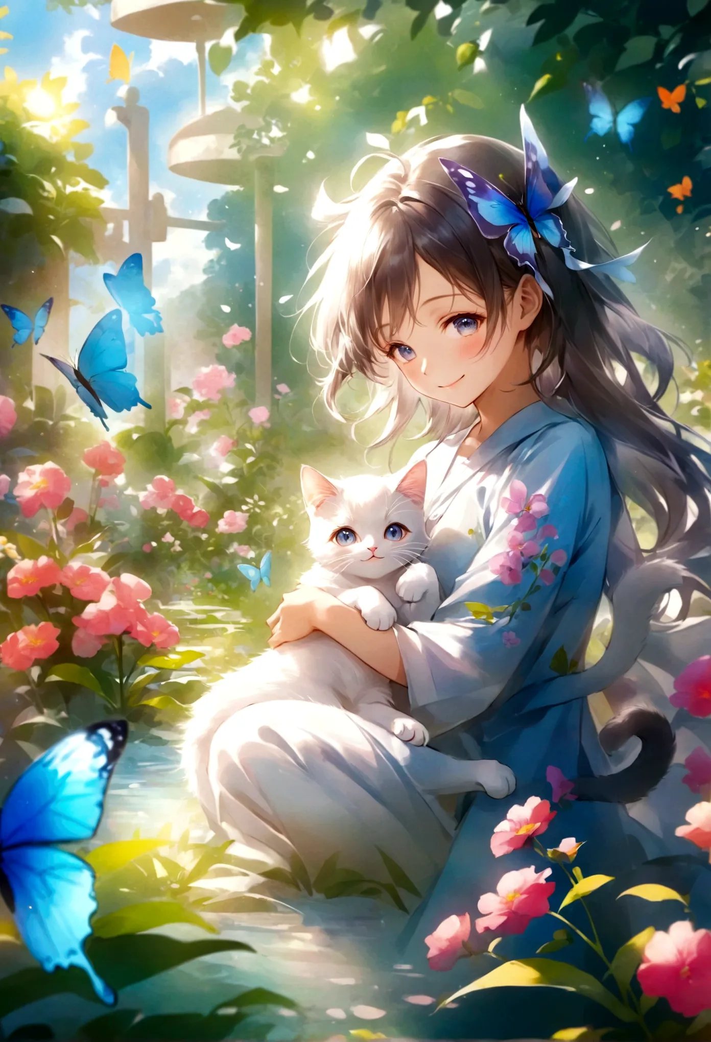 （highest quality）（watercolor）smiling anime girl with cat and butterfly in the garden、smiling eyes、cute detailed digital art、very...