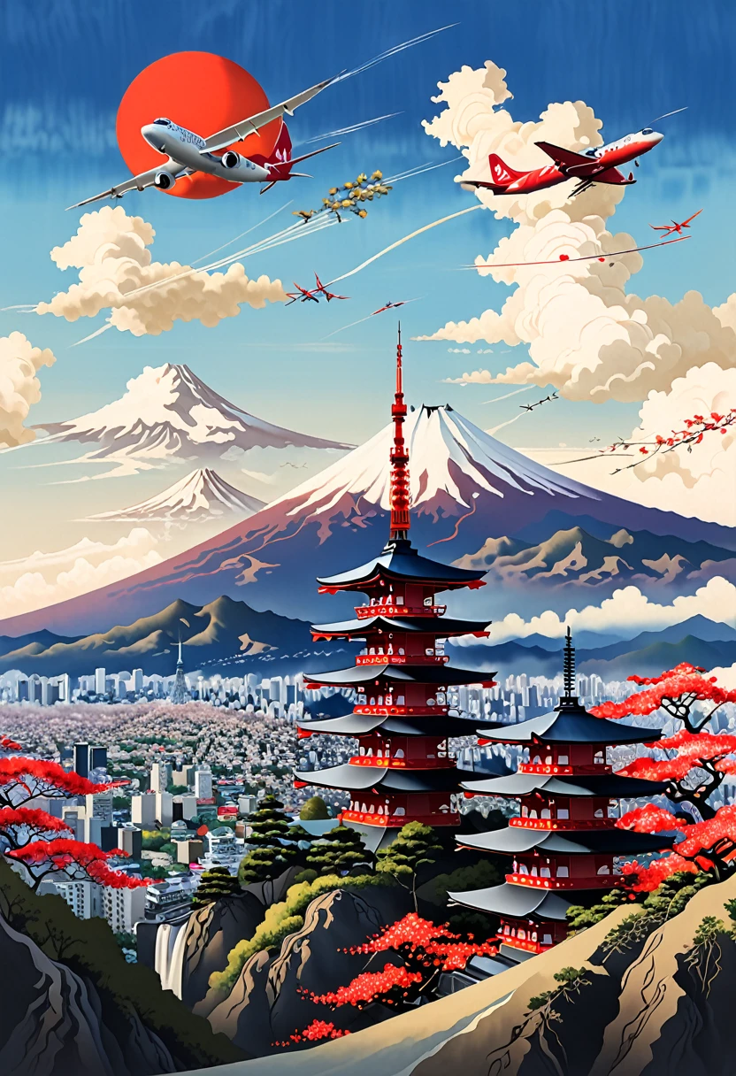 Japanese Landscape,Fuji Mountain,Tokyo Tower,plane,Kyoto,Asakusa,Osaka,Fukuoka,Style of Japan painting,Highest quality,Ultra-high resolution,Golden Ratio,Maximum Coefficient,Cappadocia