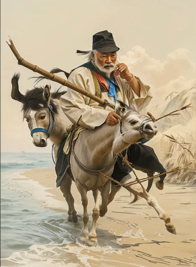 a chinese old man touching his white beard and riding a realistic donkey, holding a bamboo with a Y stick inside the bamboo, donkey walk on cloud, ocean background, 