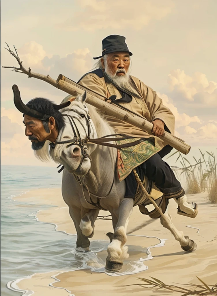 a chinese old man touching his white beard and riding a realistic donkey, holding a bamboo with a Y stick inside the bamboo, donkey walk on cloud, ocean background, 