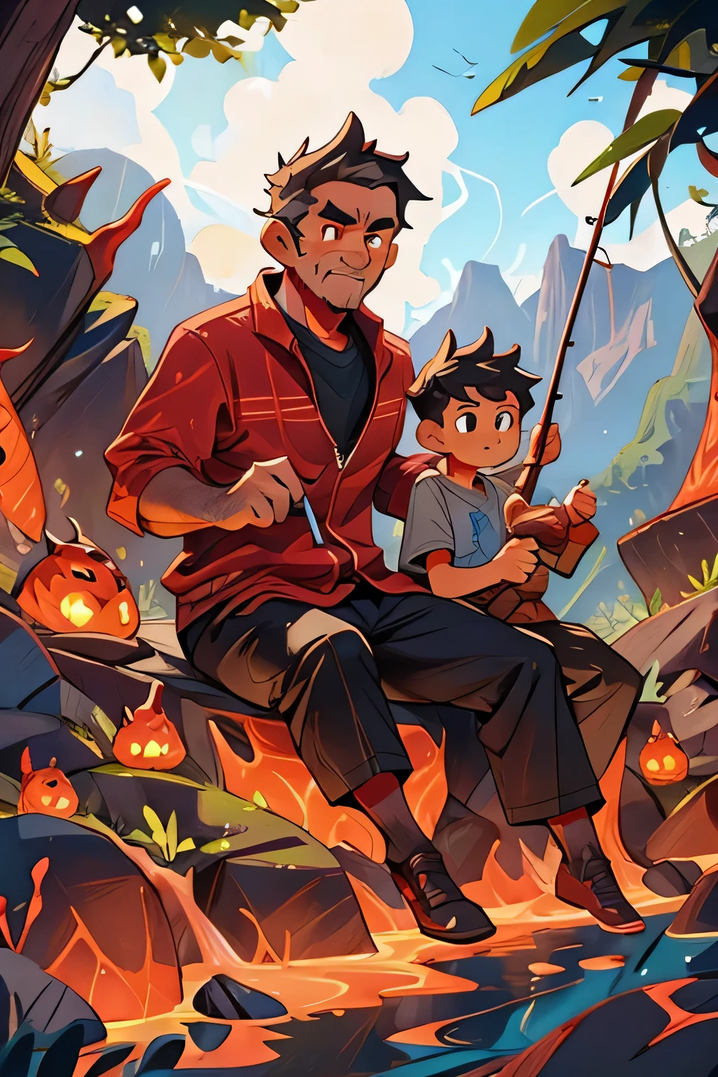 A father and a son devil fishing in lava together, green hair, horns 