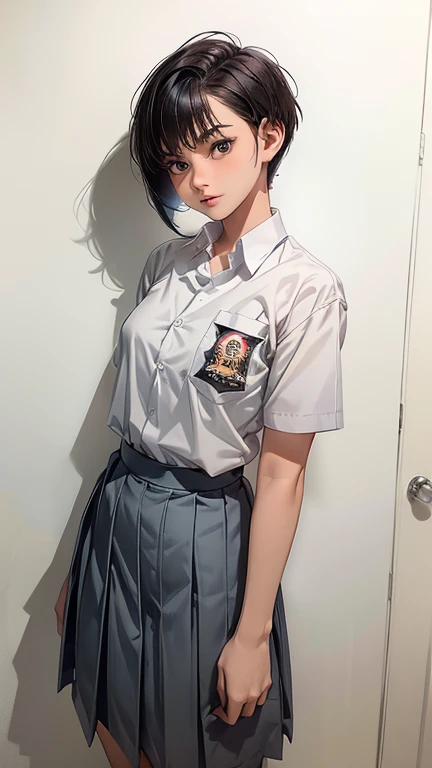 1 woman, 16 years old, ((buzz pixie haircut)), black eyes, Indonesian high-school uniform, white shirt, osis logo on shirt pocket, medium breasts, grey pleated skirt, half-shot, innocent look