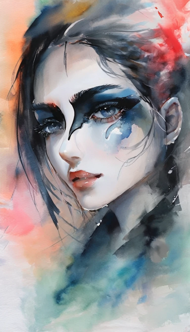 beautiful face with eye patch, watercolor painting, soft brush, fantasy art, abstract