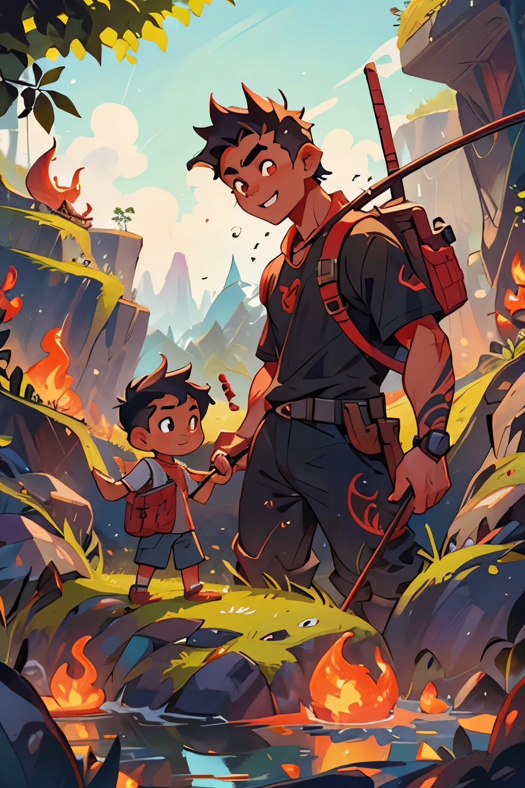 A father and a son devil fishing in lava together, green hair, horns 