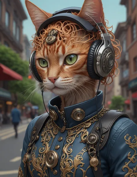 cat seahorse fursona wearing headphones, autistic bisexual graphic designer and musician, attractive androgynous humanoid, highl...