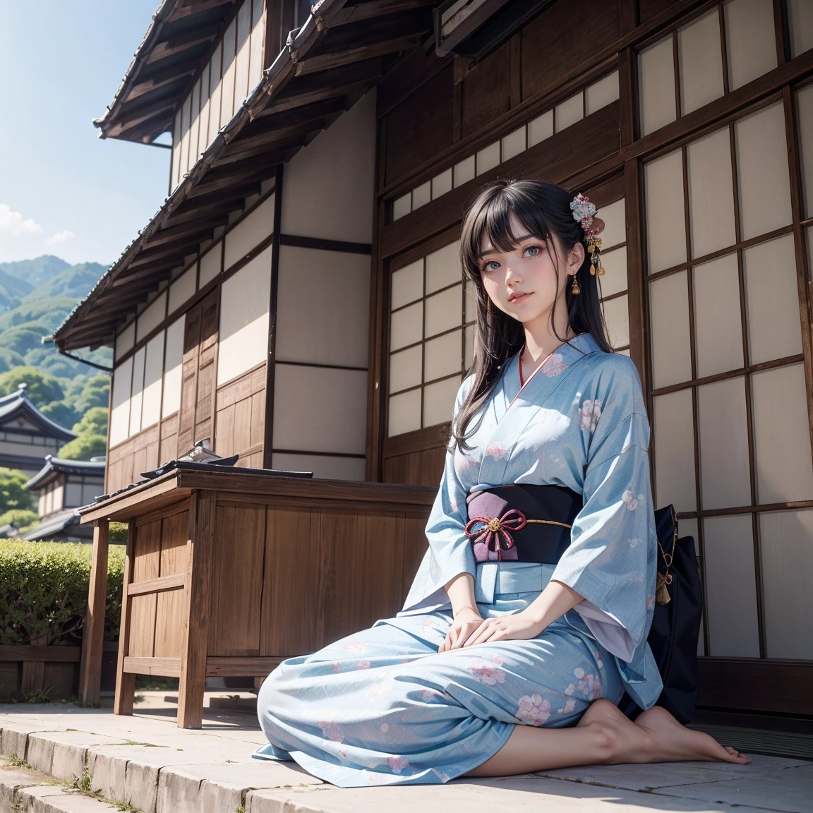 ((最high quality, 8k, masterpiece: 1.3, Ultra HD, high quality, 最high quality, High resolution, realism)) 、Beautiful Japan woman at 22 years old、Straight hair、smile、Slender body、Wear accessories on your wrist、Sitting on the balcony of a Japanese house in the countryside of Japan、Are sleeping、summer、Wind chimes are hanging from the eaves.、barefoot、fan、In front of the balcony is a courtyard.、wear a Yukata