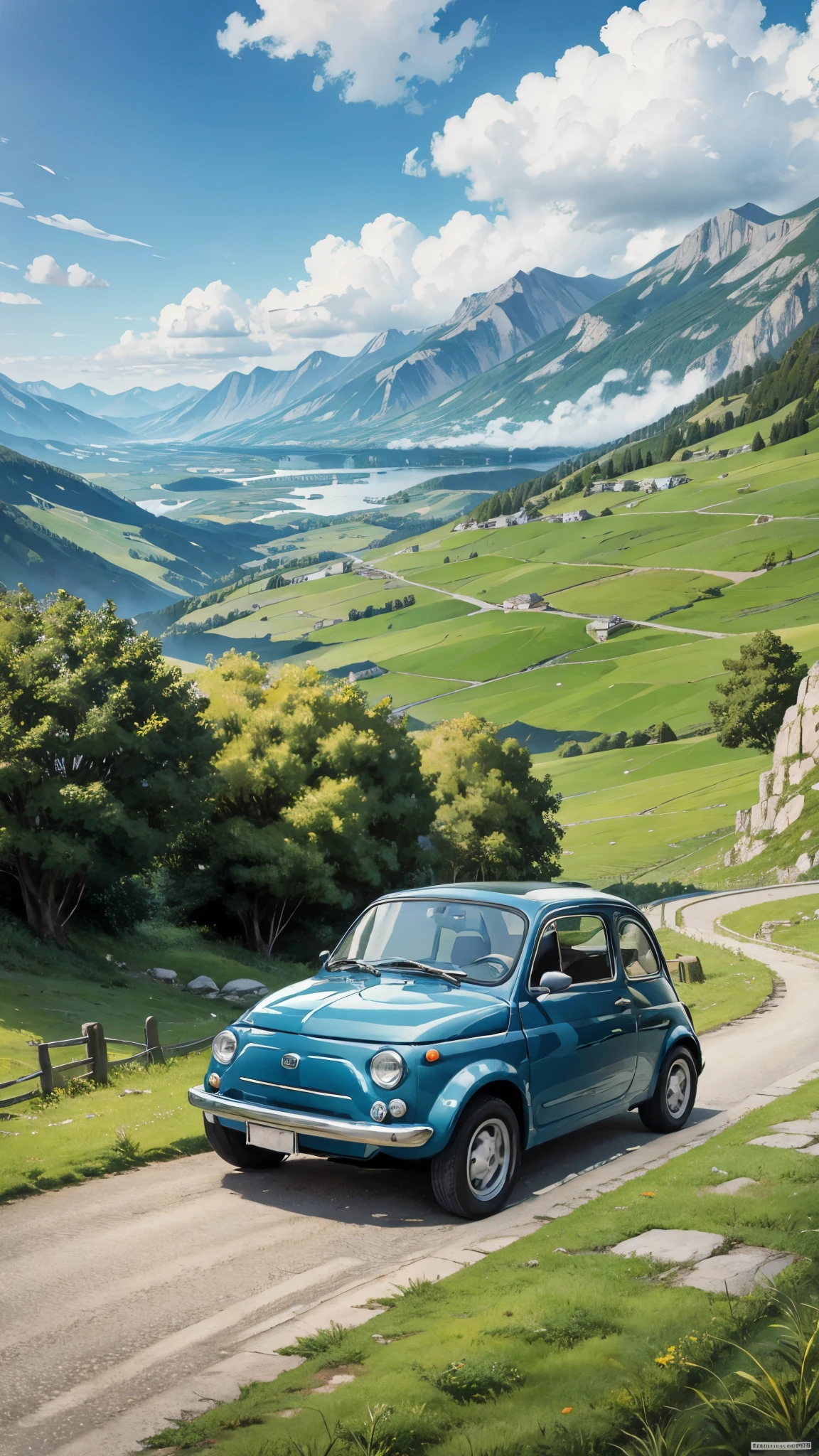 (Obra maestra:1.2, de la máxima calidad),(Muy detallado),(((estilo animado))),8k,fondo de pantalla,pintura ultrafina,Fiat 500,correr,área montañosa,cielo azul,(((estilo ghibli)))