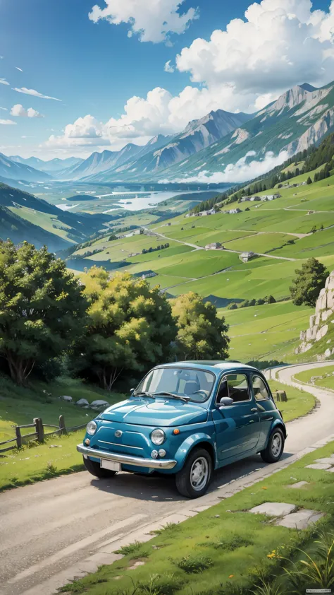 (masterpiece:1.2, Highest quality),(Very detailed),(((Anime Style))),8k,wallpaper,Ultra-fine painting,Fiat 500,Run,Mountainous a...