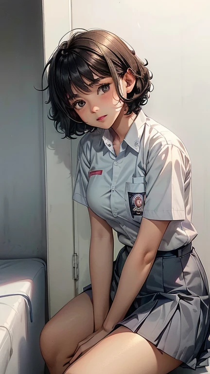 1 woman, 16 years old, ((curly short haircut)), black eyes, Indonesian high-school uniform, white shirt, osis logo on shirt pocket, medium breasts, grey pleated skirt, half-shot, innocent look