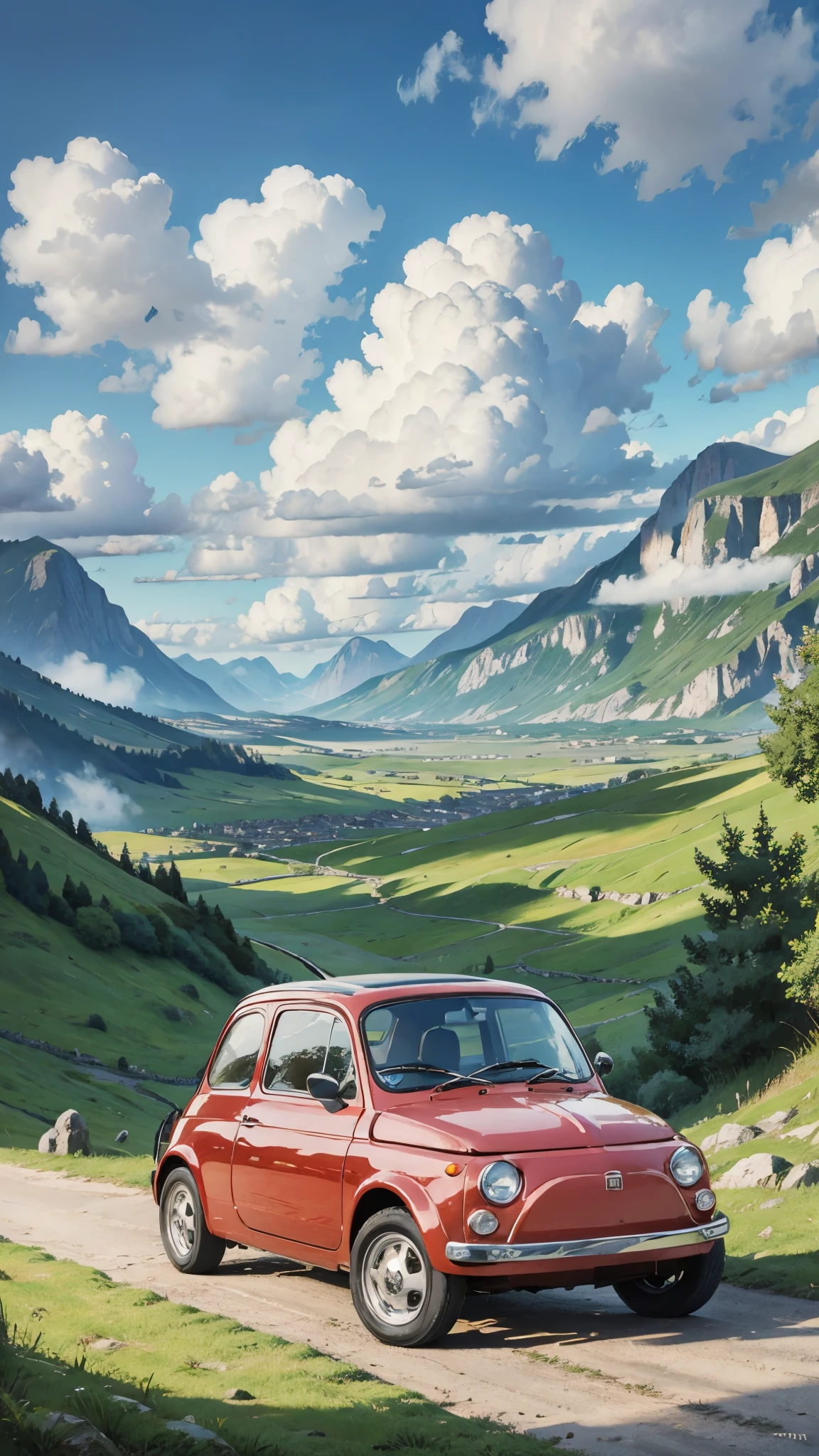 (chef-d&#39;œuvre:1.2, la plus haute qualité),(Très détaillé),(((Style animé))),8k,Fond d&#39;écran,Peinture ultra fine,Fiat 500,courir,Zone montagneuse,Ciel bleu,(((style ghibli)))