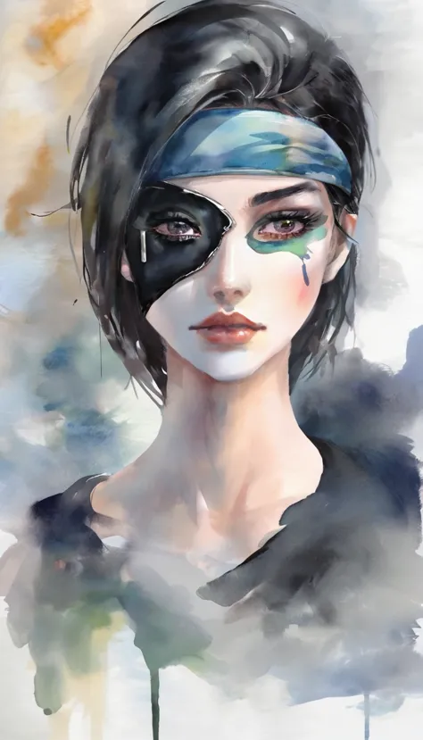 beautiful face with black one eye patch, only one eye, full eyepatch, watercolor painting, soft brush, fantasy art, abstract, da...