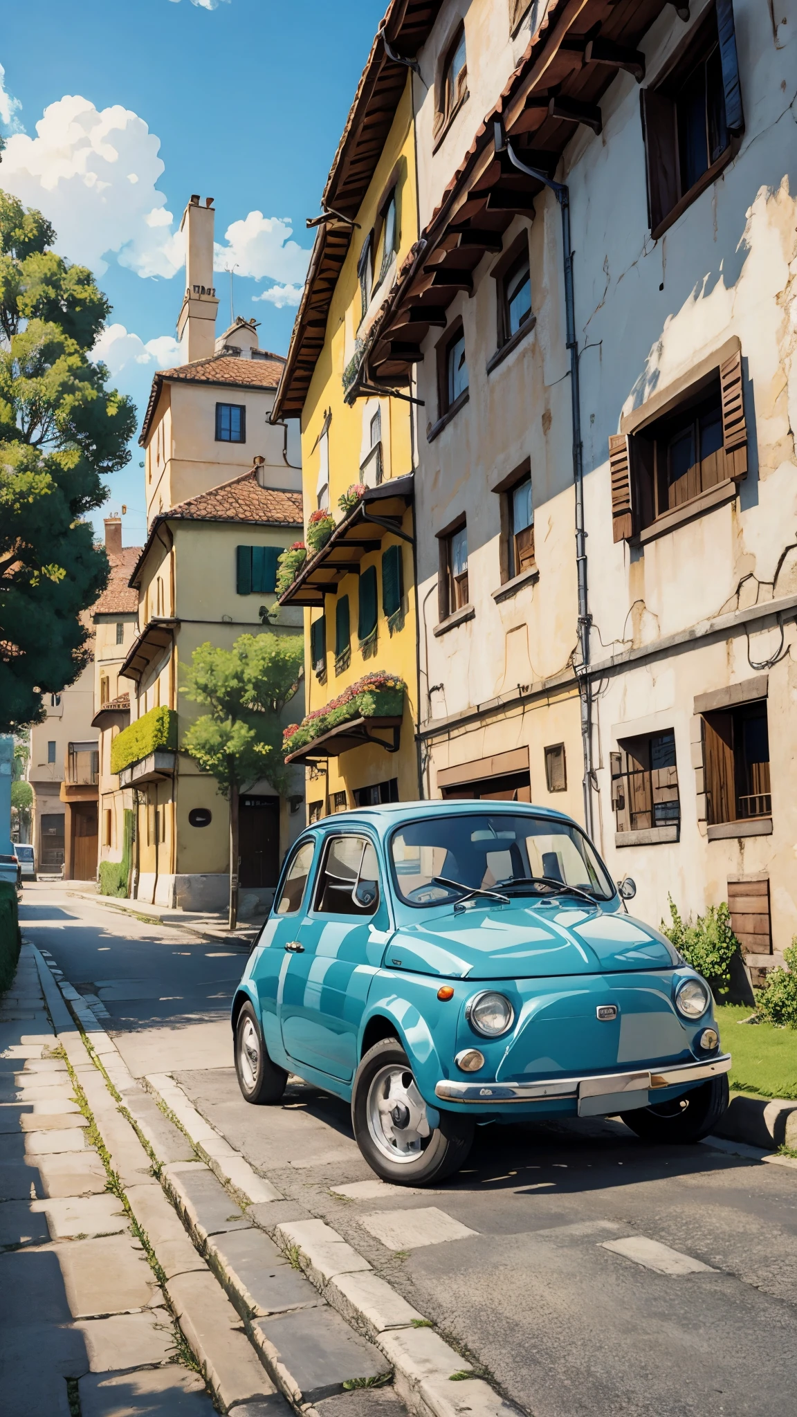 (masterpiece:1.2, Highest quality),(Very detailed),(((Anime Style))),8k,wallpaper,Fiat 500,Run,city,blue sky,(((Ghibli style))),Beautiful illustrations