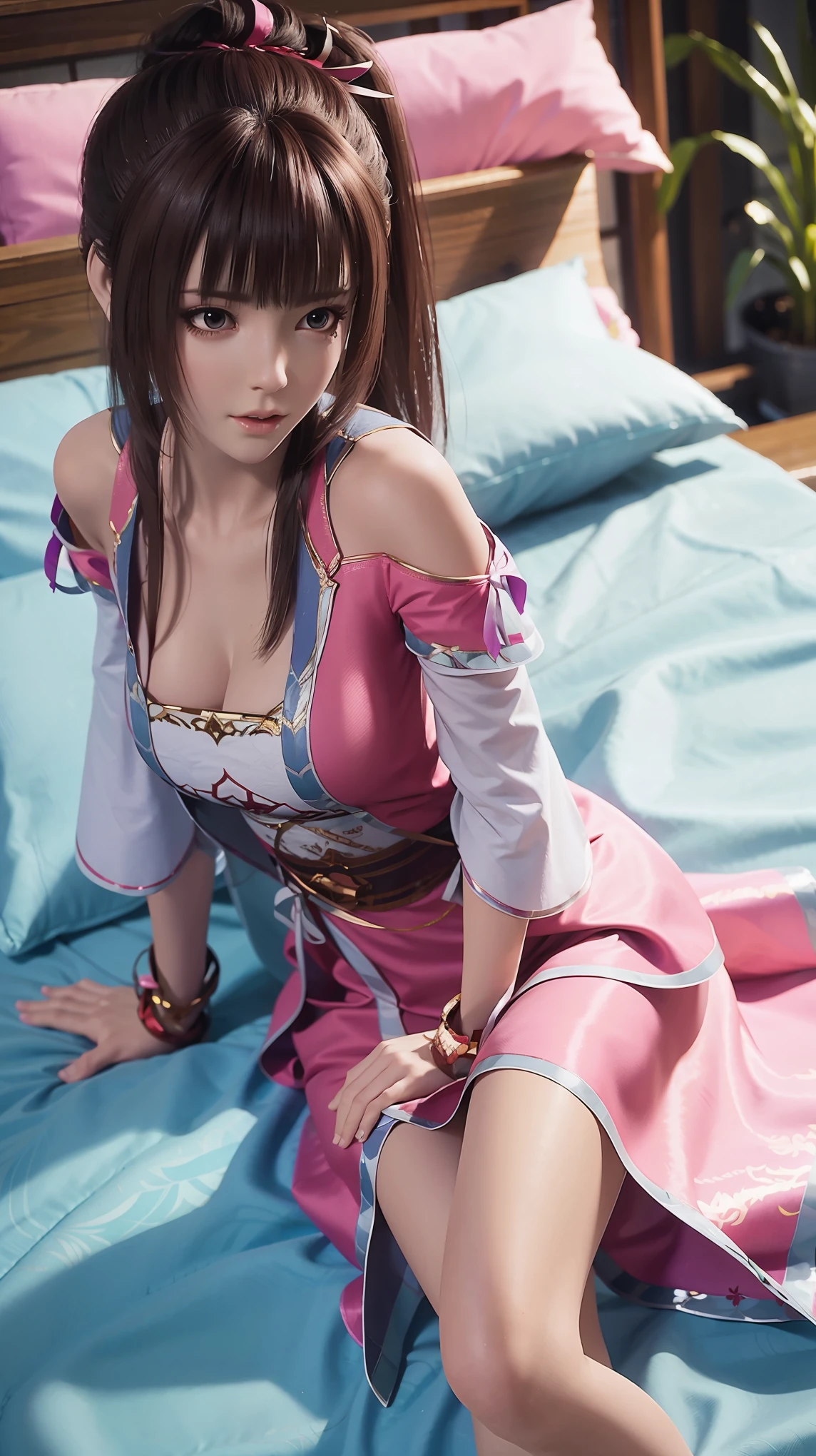 一个女孩Lying in bed，Face up，Raise your legs slightly，Front view super detailed beautiful big breasted girl 16 years old. Ultra HD, 4k, 8K, Movie，whole body，Lying down，Long legs，Very big breasts，whole body捕捉，（（（Lying in bed））），（（（whole bodyLying in bed））），Pink bed，Off-shoulder，Shoulder-length skirt，Lying in bed，Sleeping on the pillow