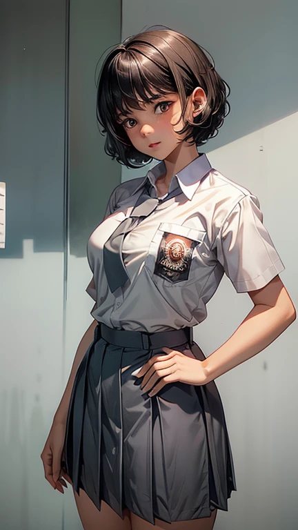 1 woman, 16 years old, ((curly short haircut)), black eyes, Indonesian high-school uniform, white shirt, osis logo on shirt pocket, medium breasts, grey pleated skirt, half-shot, innocent look