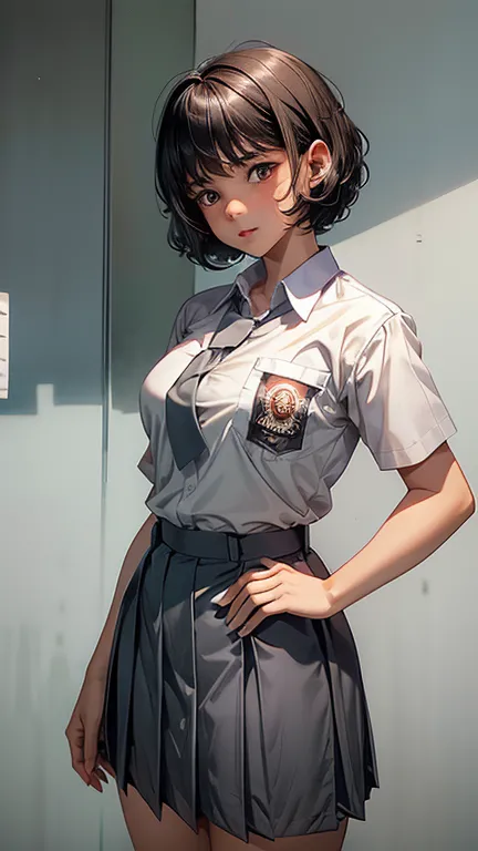 1 woman, 16 years old, ((curly short haircut)), black eyes, Indonesian high-school uniform, white shirt, osis logo on shirt pock...