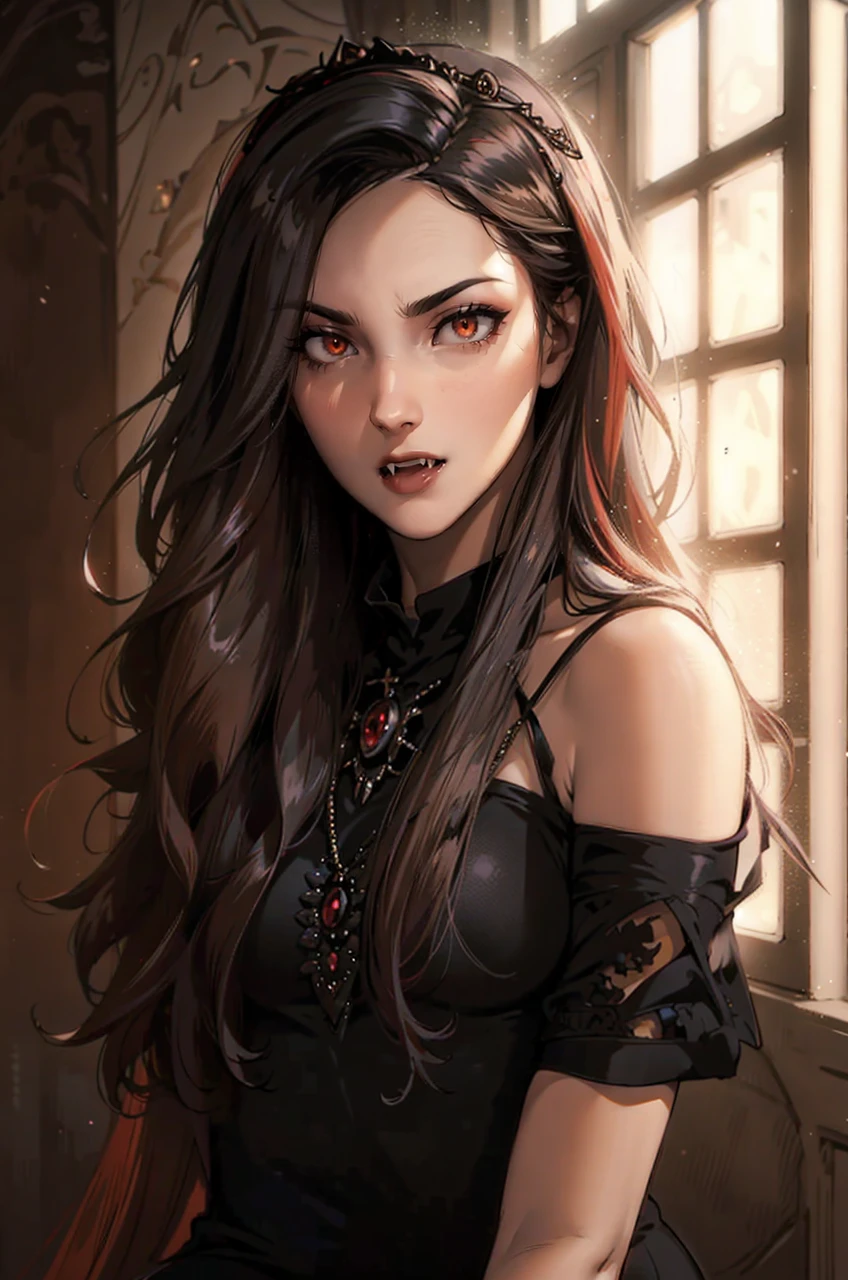 absurdres, ((stunning female Vampire))), goth Renaissance, (long black hair:1.3), perfect and detailed angular sharp oval shaped face, ((whiteeyes)), jewelry, red and black tetradic colors, full lips, gothic castle background, (solo), perfect anatomy, approaching perfection, ethereal, intricate details, ultra-high definition, 12k resolution, goth aesthetic, smooth, sharp focus, dreamy, glowing, backlit, glamour, glimmer, fantastical, shadows, smooth, Gothic crown, illustration