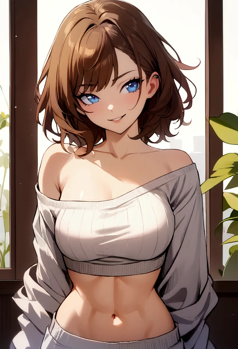 1girl, white Sweaters midriff , off shoulder, brown hair, parted lips, blue eyes, sexy abs Cute adorable smirk 
