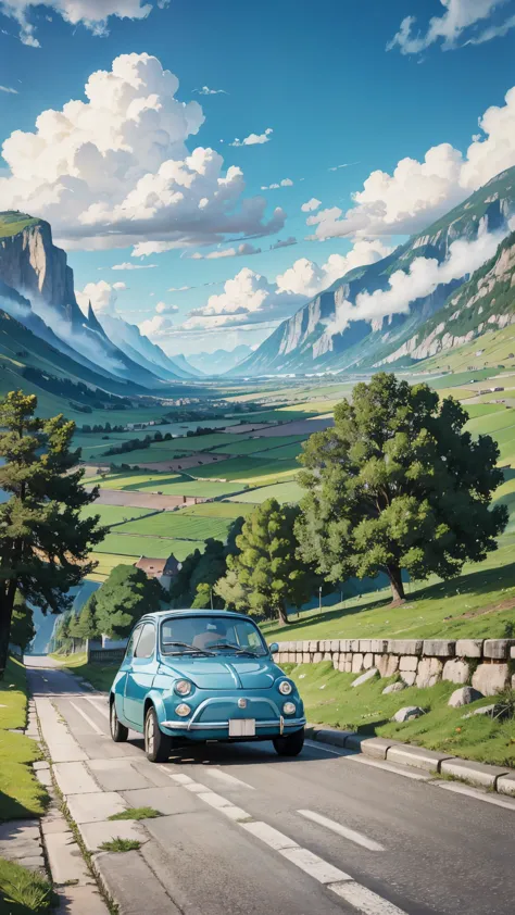(masterpiece:1.2, Highest quality),(Very detailed),(((Anime Style))),8k,wallpaper,Ultra-fine painting,Fiat 500,Run,Mountainous a...