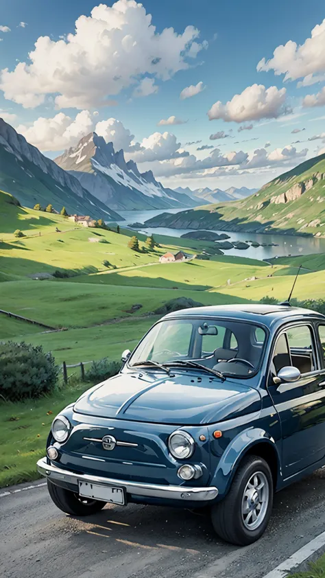 (masterpiece:1.2, Highest quality),(Very detailed),(((Anime Style))),8k,wallpaper,Ultra-fine painting,Fiat 500,Run,Mountainous a...