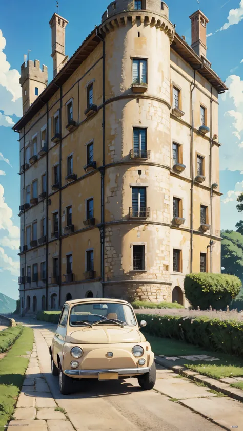 (masterpiece:1.2, Highest quality),(Very detailed),(((Anime Style))),8k,wallpaper,Cream-colored Fiat 500,Run,(Castle of Cagliost...