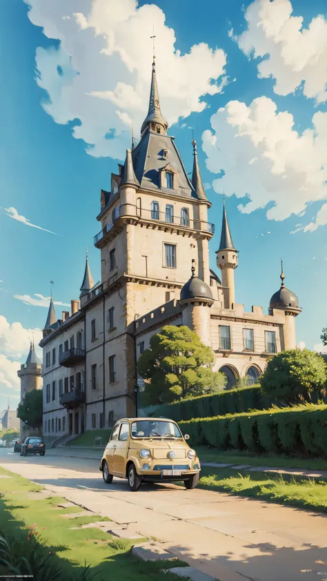 (masterpiece:1.2, Highest quality),(Very detailed),(((Anime Style))),8k,wallpaper,Fiat 500,Run,Castle of Cagliostro,blue sky,(((...