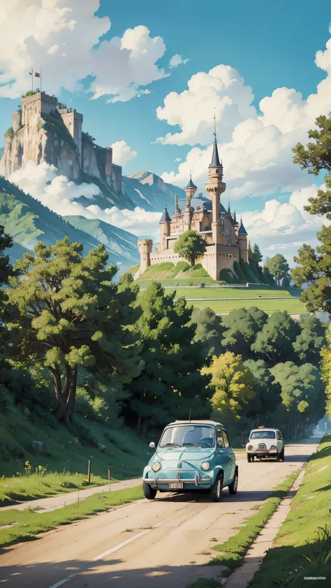 (masterpiece:1.2, Highest quality),(Very detailed),(((Anime Style))),8k,wallpaper,Fiat 500,Run,Castle of Cagliostro,blue sky,(((...