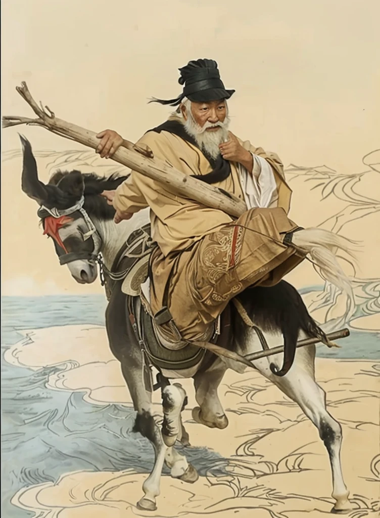 白いひげを触りながらロバに乗る中国人の老人, 竹の中にY字型の棒を入れて竹を持つ, ロバは雲の上を歩く, 海の背景,  ロバの蹴り足