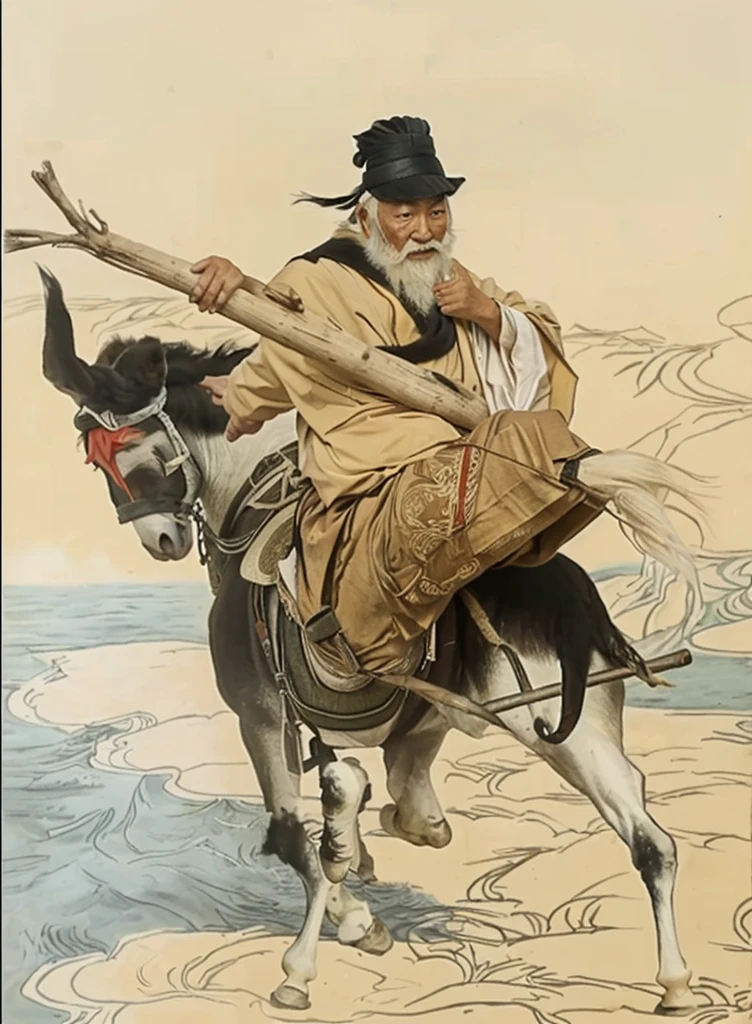 a chinese old man touching his white beard and riding a donkey, holding a bamboo with a Y stick inside the bamboo, donkey walk on cloud, ocean background,  donkey kicking leg