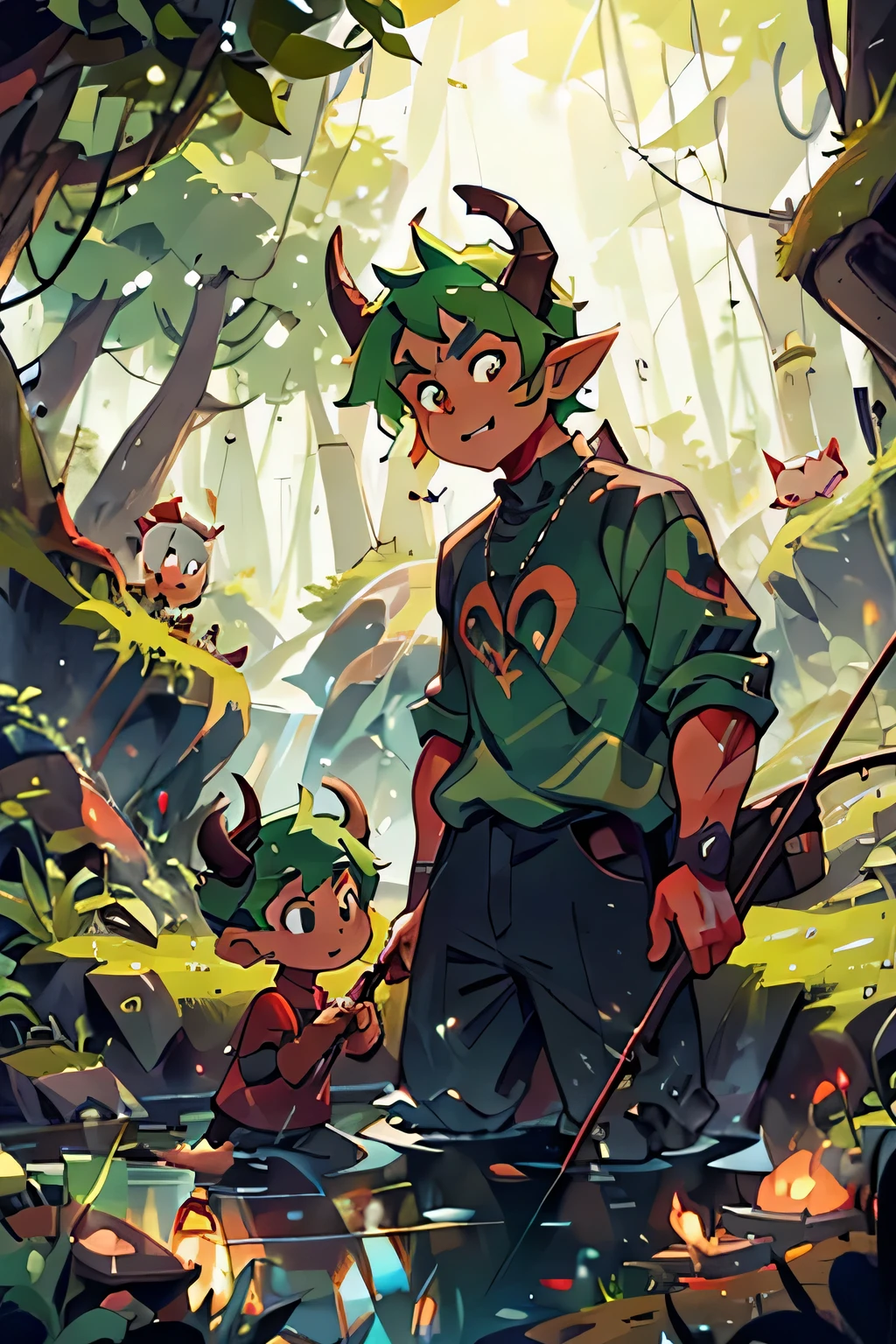 A father and a son devil fishing in lava together, green hair, horns 